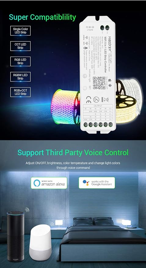 LGIDTECH Miboxer WL5(YL5 VUP) LED Strip Light 5 in 1 Controller for 5050 3528 2835,Smartphone APP Control Without Extra Hub.Amazon Alexa Google Home Assistant Voice Control,DC12-24V,180W-360W