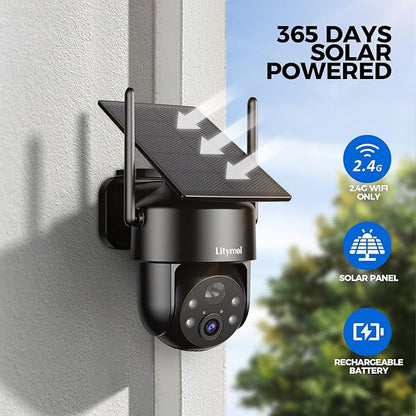 LITYMOL 2K Solar Camera for Home Safety, 360° View Security Cameras Wireless Outdoor, Color Night Vision, Siren Alarm, 2-Way Audio, AI Detection, SD/Cloud Storage, 2.4GHz WiFi
