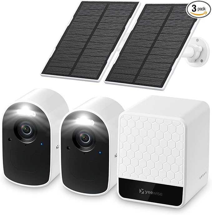 yeewise WiFi6 Solar Security Cameras Wireless Outdoor, 2K QHD Home Security System, 2-Cam Kit, 2.4&5GHz WiFi, Color Night Vision, Local Storage, IP66 Weatherproof, Works with Alexa, No Monthly Fees