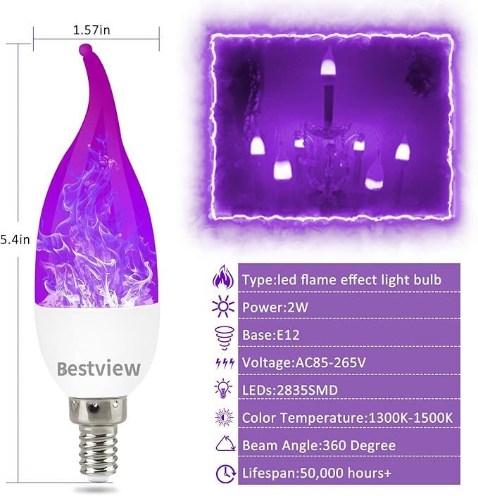 Bestview LED Flame Effect Light Bulbs,3 Modes Flickering Light Bulbs, Smart E12 Chandelier Base Candle Fire Light Bulb for Halloween, Christmas, Porch Indoor&Outdoor Decoration -6 Pack(Purple)