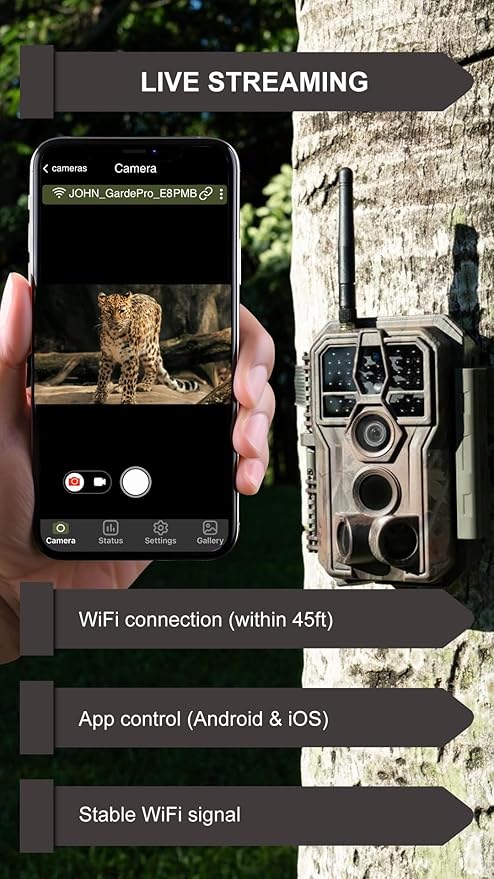 GardePro E8PMB WiFi Trail Camera (Non-Cellular), Stable WiFi with External Antenna, 8000mAh Rechargeable Battery, 32GB Built-in Memory, On-Site App Viewing, No-Glow Night Vision, Motion Activated