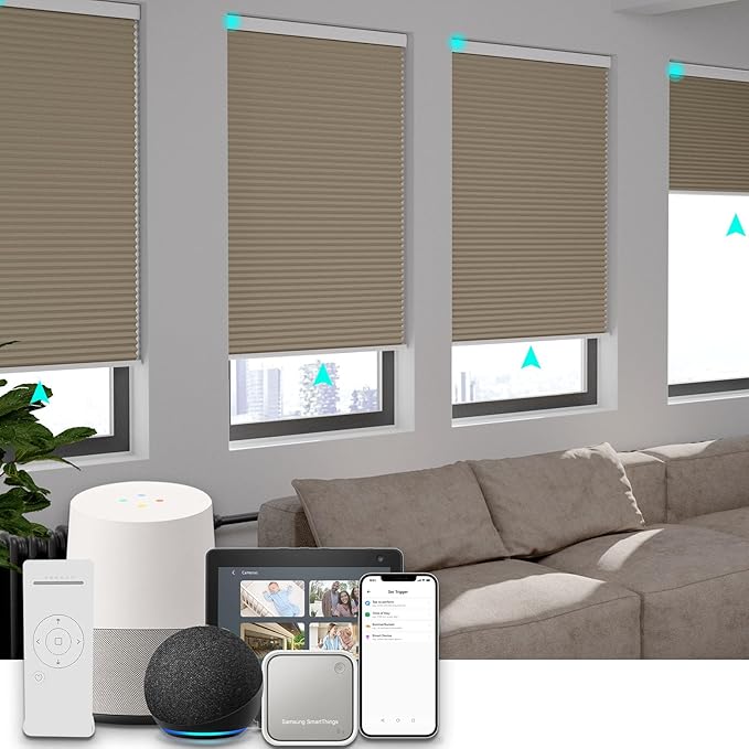 Changshade Motorized Cellular Shades with Remote Control Automatic for Indoor Windows Doors, Smart Blackout Blinds Auto Electric Power, Custom Size Honeycomb Blind Work with Alexa, Google Home, Brown