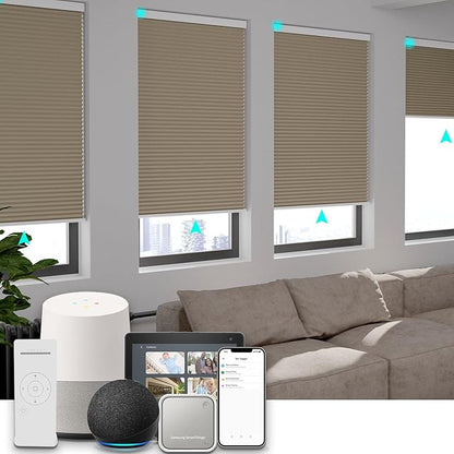 Changshade Motorized Cellular Shades with Remote Control Automatic for Indoor Windows Doors, Smart Blackout Blinds Auto Electric Power, Custom Size Honeycomb Blind Work with Alexa, Google Home, Brown