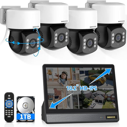 1080P PTZ Wired Security Camera System with 10" IPS Monitor, 8CH Expandable DVR with 1TB HDD, 4 Cameras, Remote Control, No Monthly Fee App, IR Night Vision, Indoor Outdoor