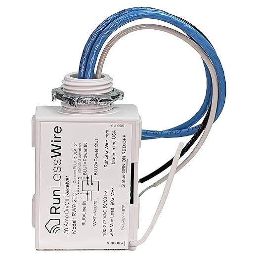 RunLessWire 20 Amp On/Off Receiver Heavy-Duty RF Relay Compatible with Self-Powered Kinetic Wireless Light Switches to Control Electrical Circuit Remotely Easy DIY Install 100-277VAC, Indoor Use