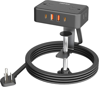 HOPOW Desk Clamp Power Strip, Desktop Mount Charging Station with 4 Outlets 4 USB Ports (2 USB C), 10Ft Under Desk Power Strip, Fits 2.75" Tabletop Edge, Extension Cord for Home Office, Black