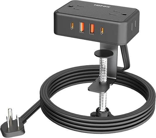 HOPOW Desk Clamp Power Strip, Desktop Mount Charging Station with 4 Outlets 4 USB Ports (2 USB C), 10Ft Under Desk Power Strip, Fits 2.75" Tabletop Edge, Extension Cord for Home Office, Black