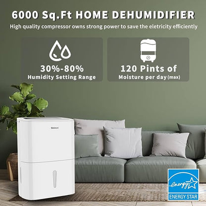 Shinco 6,000 Sq.Ft Energy Star Dehumidifier with WIFI, Ideal for Large Rooms and Home Basements, Efficient Moisture Removal with Adjustable Humidity Control, 1.32 Gallons Water Tank