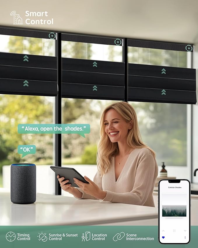 Yoolax Smart Top Down Bottom Up Roman Shades, Motorized Roman Shades with Remote, Blackout Smart Blinds Work with Alexa, Google, Apple Homekit for Living Room Bedroom, Customized (Midnight Stripe)