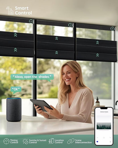 Yoolax Smart Top Down Bottom Up Roman Shades, Motorized Roman Shades with Remote, Blackout Smart Blinds Work with Alexa, Google, Apple Homekit for Living Room Bedroom, Customized (Midnight Stripe)