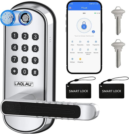 B04 Fingerprint Electronic Door Lock with Keypad and Handle – Keyless Entry Smart Door Lock, Remote APP Control, Code Unlock, Silver, Smart Locks for Front Door, Home, Office Use