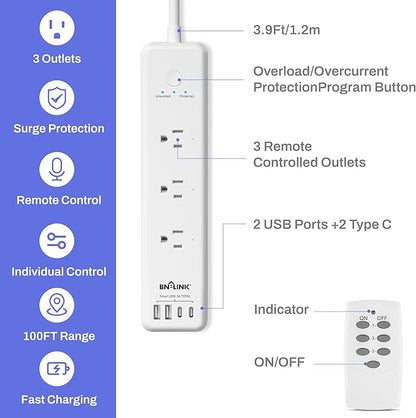 BN-LINK Remote Control Power Strip with 3 Independent Outlets，4 USBs (incl. 20W USB-C), 3.9Ft Extension Cord, 15A/1875W Overload Protection, Wall Mount, for Home, Office, ETL Listed, 1200J