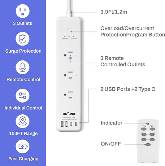 BN-LINK Remote Control Power Strip with 3 Independent Outlets，4 USBs (incl. 20W USB-C), 3.9Ft Extension Cord, 15A/1875W Overload Protection, Wall Mount, for Home, Office, ETL Listed, 1200J