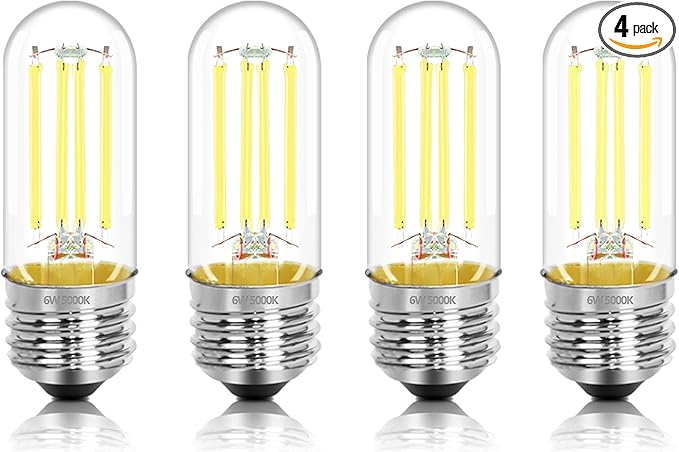 3.2 Inch 5000K Daylight White E26 LED Bulb 60 Watt Equal, AC 120V 600LM Edison Bulbs Dimmable, 6W T10 T30 Filament Light Bulbs Clear Glass for Fan Pendant Wall Light, UL Certified-4 Pack