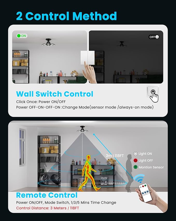 Motion Sensor Garage Lights 2 Pack, 25000LM Motion Activated Shop Light with 8+1 LED Deformable Panels, 360° Detection, Motion Sensor Ceiling Light for Garage, Workshop, Basement, Laundry Room