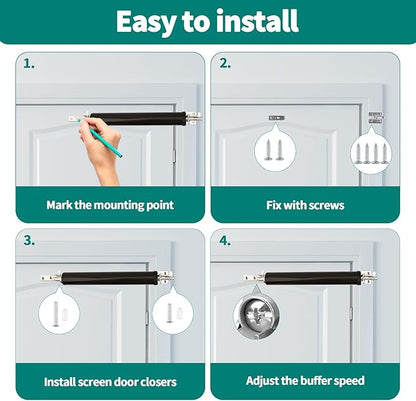 2 PCS Screen and Storm Door Closer Kit, Heavy Duty Pneumatic Screen and Storm Door Closer, Screen and Storm Door Push Button Latch Set Replacement Kit, Adjust Smooth Closing Speed (Brown)