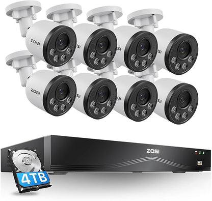 ZOSI 32CH 4K PoE Security Camera System, 8pcs 8MP Outdoor Indoor Cameras with Audio, Person Vehicle Detection, People Counting, Night Vision, 16-Port 32-Channel NVR with 4TB HDD for 24/7 Recording