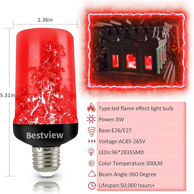 Bestview LED Flame Effect Light Bulbs,4 Modes Smart E26/E27 Base Flickering Fire Light Bulb with for Halloween, Christmas, Party, Porch, Indoor&Outdoor Home Decoration Lighting (Red 2 Pack)
