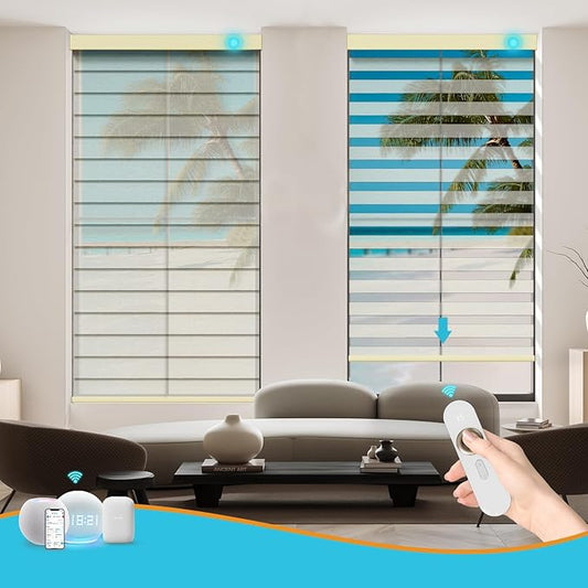 Motorized Zebra Blinds with Remote, Work with HomeKit Alexa, Smart Light Filtering Horizontal Automatic Electric Window Shades for Home Office Customsize(55% Blackout Treebark Coffee)