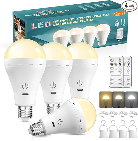 E26 Rechargeable Led Light Bulbs with Remote, 3 Colors Dimmable E26 Battery Operated Light Bulb with Timer, Emergency Rechargeable Light Bulbs, Up to 35 Hours (4 Packs)