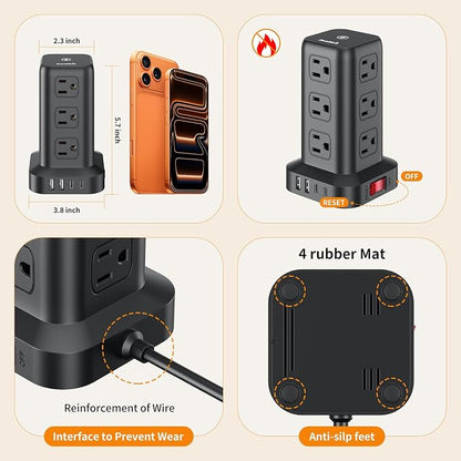 Extension Cord with Multiple Outlets, SMALLRT Power Strip Tower, 10FT Outlet Extender with 12 AC Outlets 4 USB, Power Strip with USB Ports for Home Office Dorm Room,Overload Protection