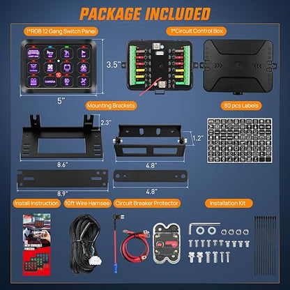 Nilight 12 Gang Switch Panel Relay System w/APP Control Automatic Dimmable | RGB Backlight Panel Circuit Control Fuse Wiring Harness ON Off LED Switches Pod for 12V 24V Cars Trucks Campers SUV