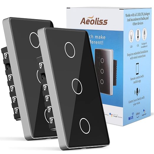2.4GHz WiFi Smart Touch Wall Single Fire Smart Light Switch, Need Neutral Wire, Glass Panel Light Switch Work with Smart Life/Tuya App, Alexa and Google Home (Black 3 Gang)