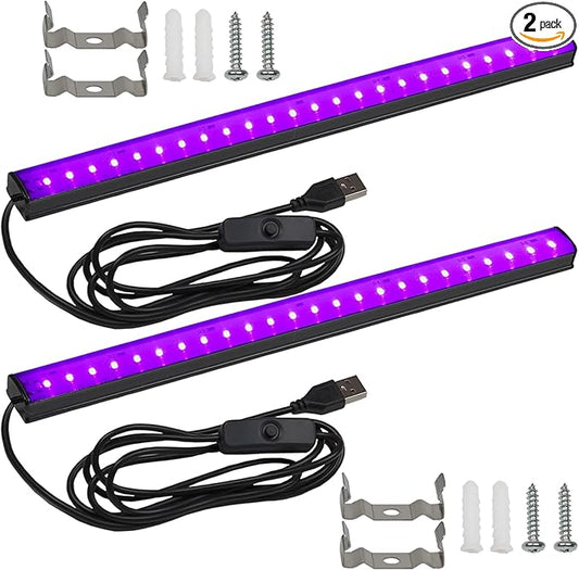 Black Light Bar 10W UV Blacklight Strip for Glow Party: 1ft USB Portable LED Party Supplies for Body Paint Stage Fluorescent Tapestry Poster Halloween Club Bedroom Cabinets Decor Urine Detect 2 Pack