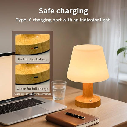 Operated Table Lamp 3000mAh Cordless Rechargeable, Touch Dimmable Desk Lamp, LED Night Light for Patio Camping Restaurant Home, H8.7in, Wood Grain