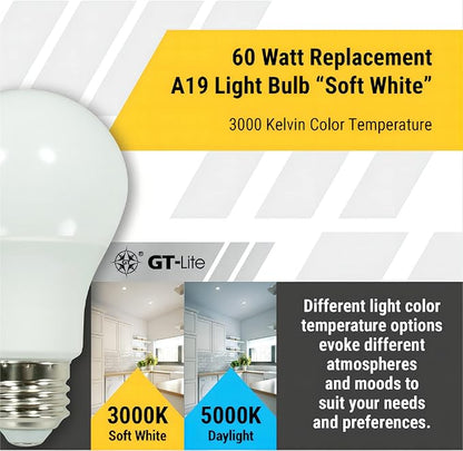 GT-Lite 10 Pack Soft White LED Light Bulbs, 60W Equivalent,9 watts 3000K, A19 Shape, E26 Medium Base,Standard Household Llightbulb for Lamps, Living Room, Bedrooms