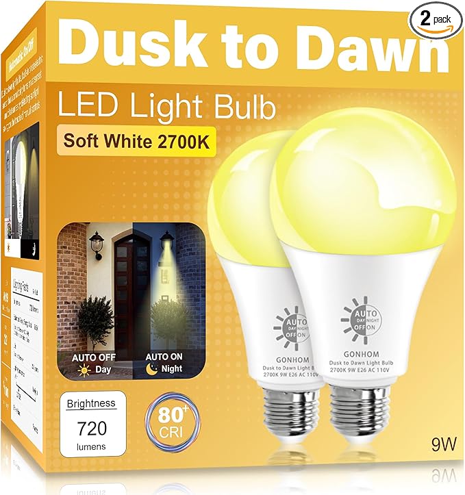 Gonhom 2 Pack Dusk to Dawn Light Bulbs Outdoor, 2700K Warm White, 720LM, 9W(60W Equivalent) A19 E26 Automatic On/Off LED Sensor Light Bulbs, Dusk to Dawn Outdoor Lighting for Porch Garage Patio