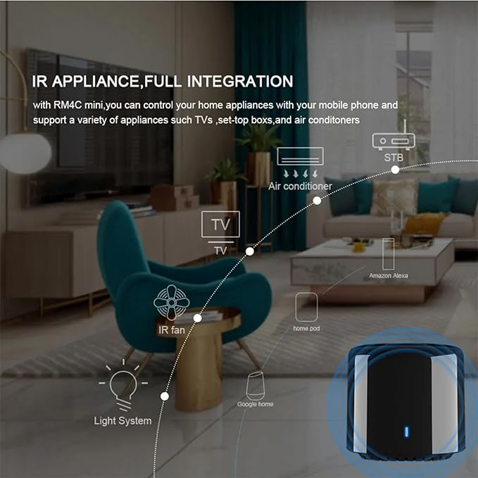 RM4C Mini Wi-Fi IR Blaster Universal Intelligent Remote Control Voice Control with Google Home and Alexa Smart Home HUB App Broadlink. (Only 2.4 GHz Wi-Fi).