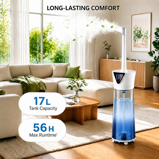 17L Humidifiers for Bedroom Large Room – Ultra Quiet (35dB), 56H Runtime, Smart App & Remote, Auto Humidistat, Top Fill Cool Mist Humidifier, Aroma Diffuser, Auto Shut-Off – Whole House