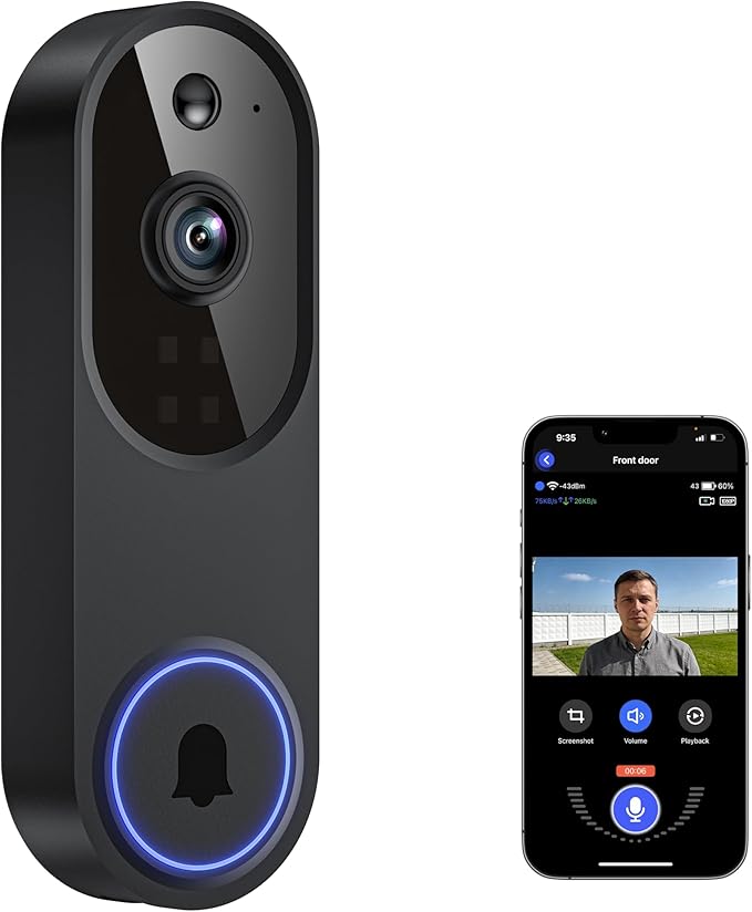 Guggre Doorbell Camera M52, Security Camera Outdoor/Indoor, 1080 HD with Night Vision, 4 Infrared Lights, 120° Wide View, Motion Detection Notification, Works with Smartphone, Wireless, Online Support