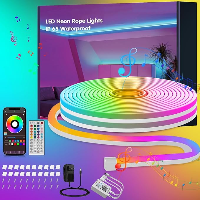 Ledagic 32.8ft RGB LED Neon Rope Lights with App, Remote Control, IP65 Waterproof Neon Light Strip Outdoor Indoor, DIY Design Flexible Led Strip Lights for Bedroom Essentials, Gaming Accessories