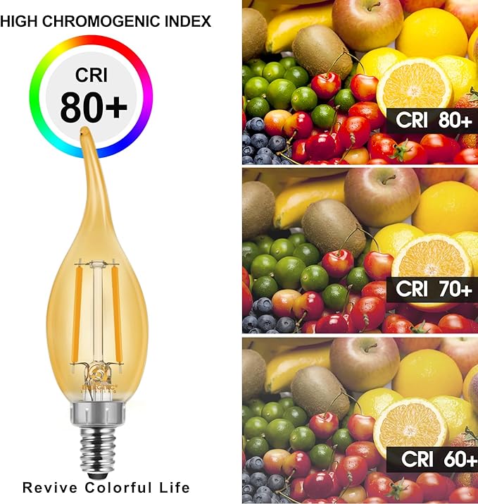 Energetic CA11 E12 LED Chandelier Light Bulbs 40W Equivalent, Dimmable LED Candelabra Bulbs, 2200K Amber White, 330LM, Amber Glass, 12 Pack