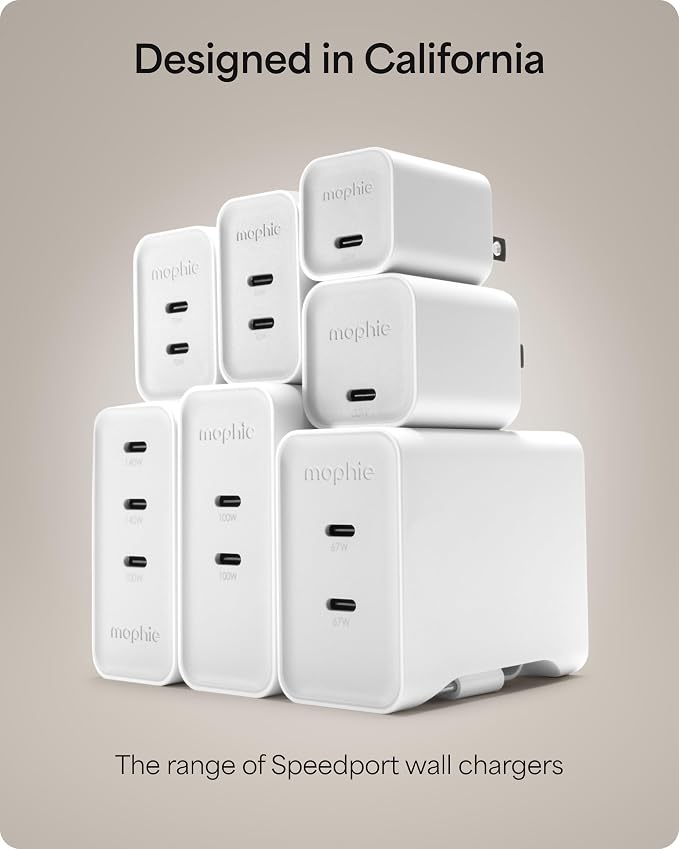 Mophie Speedport 140 GAN USB-C Charger Block - 140W Fast Wall Charger, 3× USB‑C PD Ports, Compact Foldable Prongs, Made with Recycled Materials, for Smartphones, Tablets, Headphones