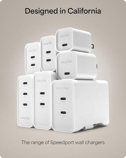 Mophie Speedport 140 GAN USB-C Charger Block - 140W Fast Wall Charger, 3× USB‑C PD Ports, Compact Foldable Prongs, Made with Recycled Materials, for Smartphones, Tablets, Headphones