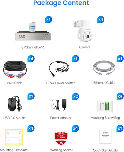 ZOSI 5MP Wired Security Camera System,4pcs 1080p Pan/Tilt 360°View Indoor Outdoor Camera,AI Human Vehicle Detection,Night Vision,Audio Recording,H.265+ 8CH DVR with 500GB HDD for 24/7 Surveillance