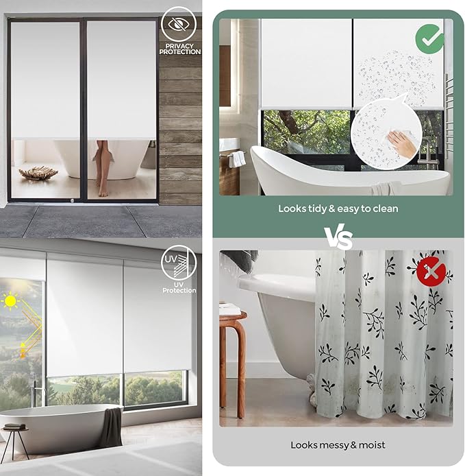Yoolax Motorized Shower Roller Shades for Bathroom with Remote Control, Automatic Heavy Duty Thick Fabric Shower Curtain Compatible with Alexa, Blackout Battery Solar Powered Blind Custom (White)