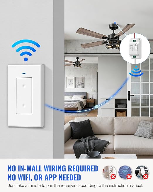 Wireless Light Switch and Receiver Kit, WILAWELS Remote Wall Switches Lighting Fixture, No Wiring, Programmable, 100FT RF Range, 1 Remote Switch for 2 Receivers for Ceiling Light, Fan, Lamp W06RC1206