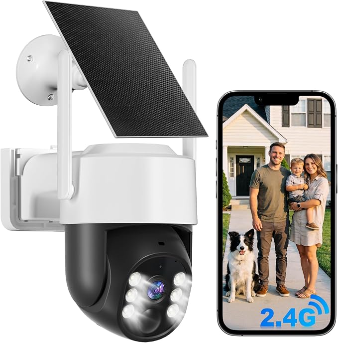 Chpuss Solar Security Camera Wireless Outdoor, 2K HD Surveillance Solar Powered WiFi Camera, Color Night Vision, PIR Detection, 360° View, 2-Way Talk, Spotlight Siren Alarm (Black & White - 1PACK)