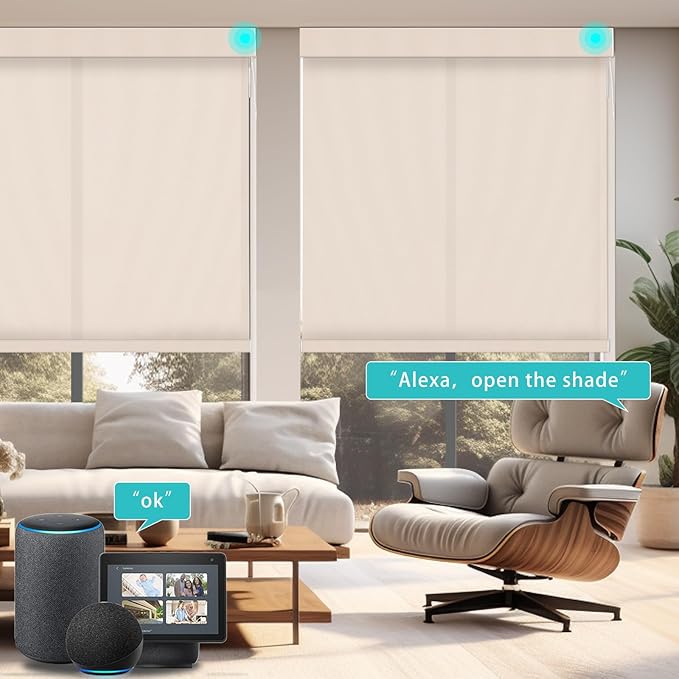Changshade Smart Roller Shade with Remote Control Light Filtering Automatic Window Shades for Home Custom Size Motorized Blinds for Windows Compatible with Alexa,Google Home,Apple Homekit, Beige
