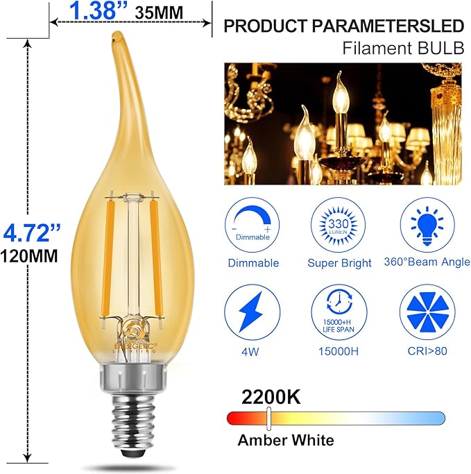 Energetic CA11 E12 LED Chandelier Light Bulbs 40W Equivalent, Dimmable LED Candelabra Bulbs, 2200K Amber White, 330LM, Amber Glass, 12 Pack