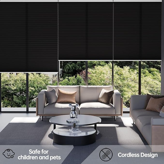 Cellular Shades Light Filtering Honeycomb Blinds for Indoor Windows, Cordless Cellular Shades 1.5 inch Cell Pleated for Bedroom Home Office, Custom Size, Half Shading Black