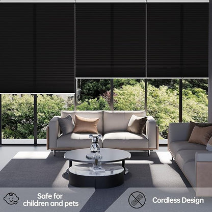 Cellular Shades Light Filtering Honeycomb Blinds for Indoor Windows, Cordless Cellular Shades 1.5 inch Cell Pleated for Bedroom Home Office, Custom Size, Half Shading Black