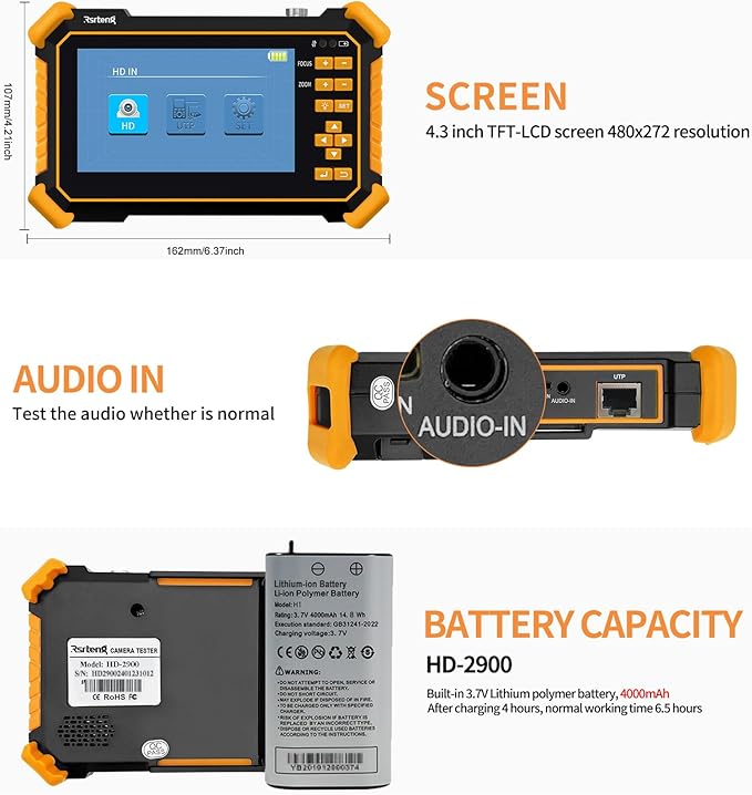 Rsrteng CCTV Tester Monitor Auto HD Coaxial Camera Tester 4K 8MP TVI/CVI/AHD/CVBS Analog Video Monitor 4.3 inch TFT-LCD Screen PTZ Control RS485 Call OSD Menu Audio DC12V Power Output