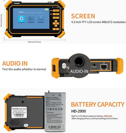 Rsrteng CCTV Tester Monitor Auto HD Coaxial Camera Tester 4K 8MP TVI/CVI/AHD/CVBS Analog Video Monitor 4.3 inch TFT-LCD Screen PTZ Control RS485 Call OSD Menu Audio DC12V Power Output