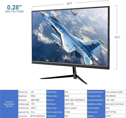 Real HD 32 Inch FHD 1080P CCTV Security Monitor, Thin LED Screen Computer Monitor, 60Hz Refresh Rate with HDMI VGA BNC and Audio, Compatible with 4K, for Surveillance NVR/DVR System