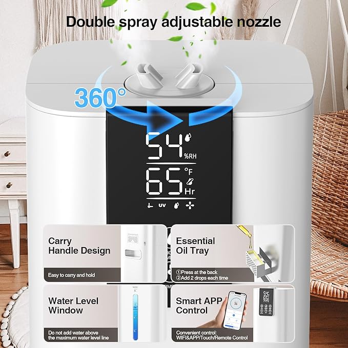 2.1Gal(8L) Smart Humidifier Large Room Bedroom Home, Quiet Top Fill Cool Mist Humidifier with Diffuser, Night Light, 3 Speed Humidifiers with 360° Nozzle, Timer, Humidity Setting for Plants Yoga Baby